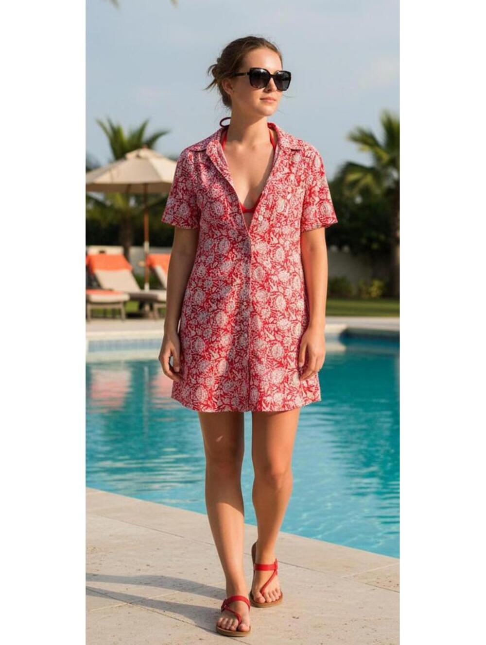 blu Nomad 100% Cotton Lightweight Button Up Mini Dress Swim Coverup Blue 2